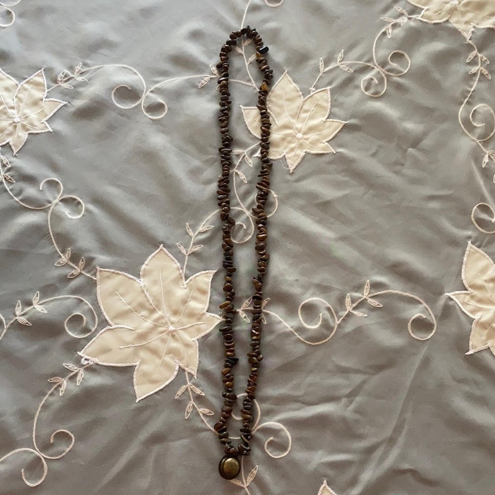 Brown Stone Long Necklace with Metal Hat Charm